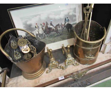 A brass coal scuttle, fire irons and companion tools, horse brasses etc