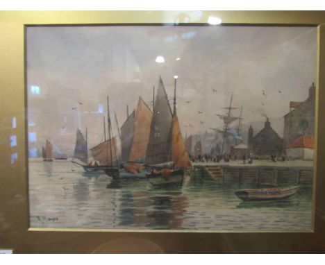 R. HAYES (XX): Watercolour of harbour/coastal scene, 25cm x 35cm, framed and glazed, frame a/f