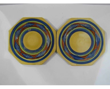 Two Clarice Cliff Bizarre octagonal plates, 14.5cm diameter