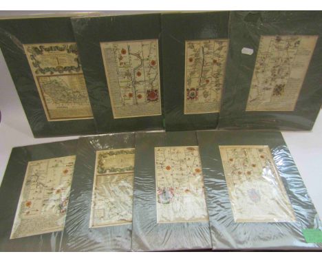 Eight mounted 18th Century road maps including London to Pool (Poole), Oxford  to Salisbury