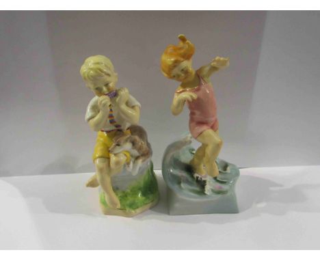 Two Royal Worcester figures "June " model No 3-455 boy with dog, playing mouth organ and "July" model No. 3440 girl dancing i