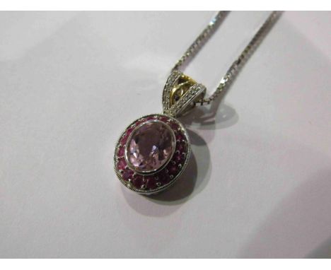 A 14ct Kunzite, ruby and diamond pendant with 9ct box chain