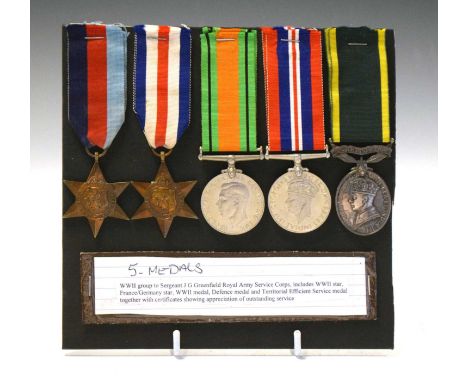 Second Word War medal group awarded to Sergeant J.C. Greenfield of the Royal Army Service Corps comprising 1934-45 War Medal,