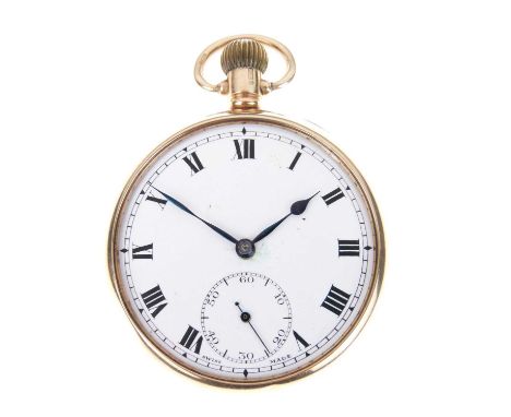 Tacy Watch Co. 'Admiral' 9ct gold open faced pocket watch, the unsigned white enamel dial with black Roman numerals, subsidia