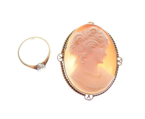 9ct gold mounted cameo, and '18ct' diamond single stone ring, size P approx, 2.1g gross approx (2)