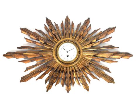Early 20th Century French giltwood sunburst wall clock, the white enamel dial with Arabic numerals, 76cm diameter overall