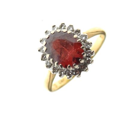 18ct gold cluster ring set diamonds and garnet-coloured stone, size L approx, 4.3g gross approx