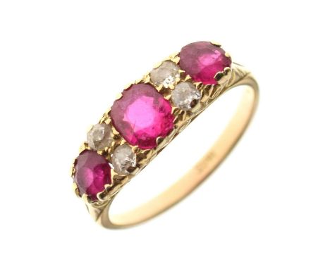 Seven-stone ruby and diamond ring, the three rubies interspersed with four old cut diamonds, the shank stamped '18ct', size N