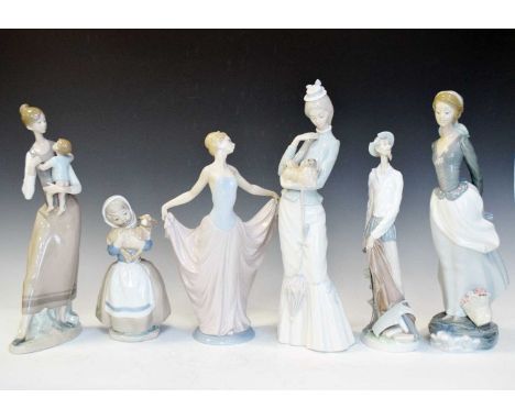 Lladro - Group of five porcelain figures, plus one Nao to include; dancer, Don Quixote, Lady holding Pekingese dog, etc, 38cm