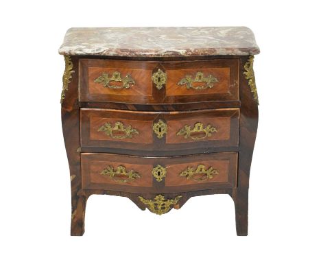 French kingwood and rosewood ormolu mounted commode, circa 1800, bombe form with serpentine pink marble top over three drawer