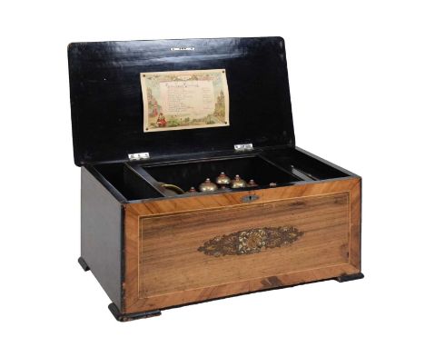 Late 19th Century inlaid rosewood 12-air musical box, bells and drum in sight, No 30690, 11-inch barrel, comb lacking two tin