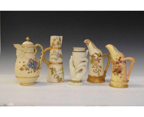 Royal Worcester - Four late 19th and early 20th Century blush ivory and other floral painted jugs and 'Mrs Hadley's hand' vas