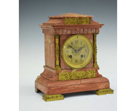 Late 19th/early 20th Century French pink marble mantel clock, gilt-coloured Arabic dial with decorative centre, 22cm x 24cm h