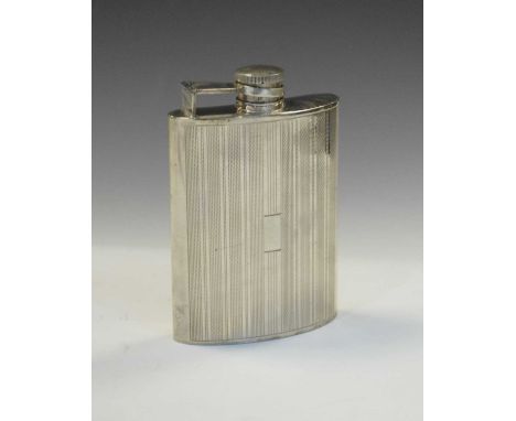 Modern silver hip flask with engine turned decoration, marked 'Sterling silver' to base, 10cm high, 151.2g approx cased