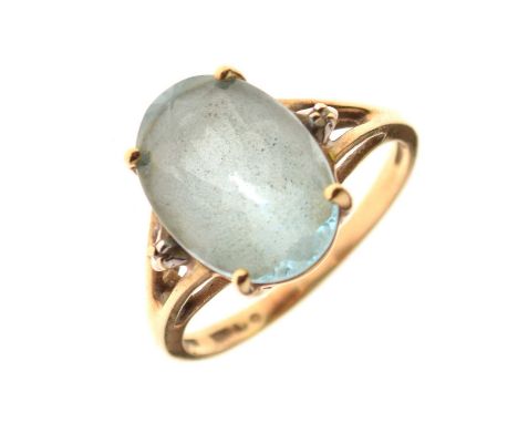 Dress ring set large oval blue stone, the yellow metal shank stamped '10K', size R approx, 4g gross approx