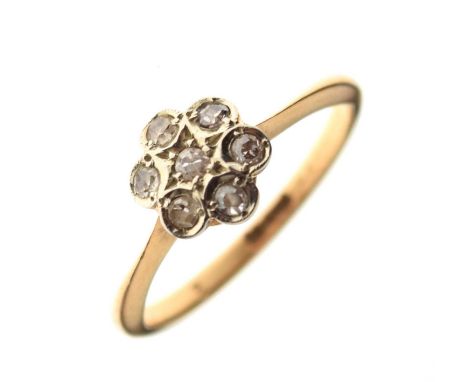 Yellow metal (18ct) and diamond flowerhead cluster ring, size K½ approx, 2.2g gross approx (a/f)