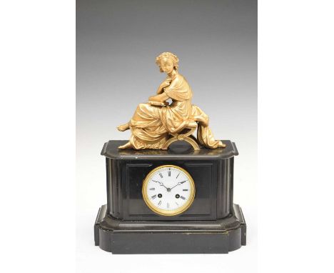 French black slate and gilt metal mantel clock, 3.5-inch white Roman dial, two-train movement (bell lacking), the breakfront 