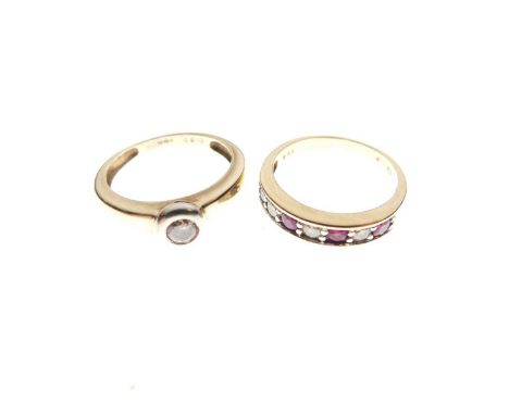 9ct gold single stone diamond ring, size K approx, 2.3g approx, and an 18ct gold seven-stone ruby and diamond half eternity r