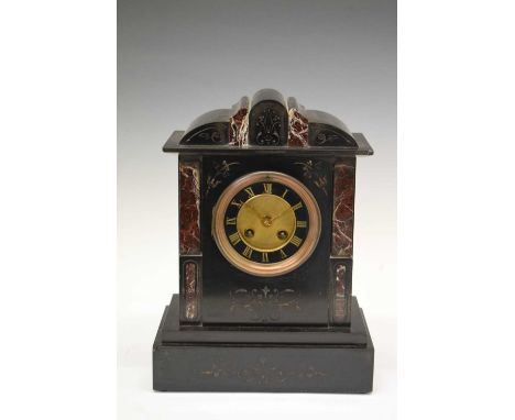 French black slate mantel clock, black chapter ring dial with gilt Roman numerals, two train movement striking on a coiled go