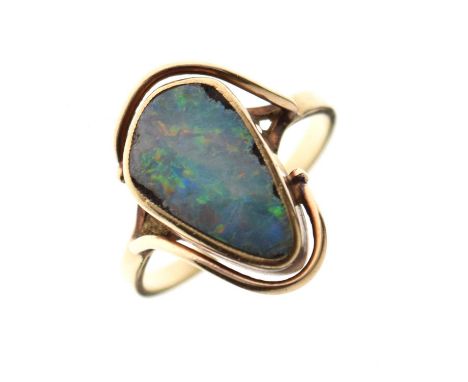 Unmarked yellow metal ring set boulder opal, size N approx, 3g gross approx