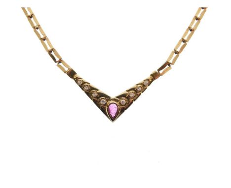 Yellow metal ruby and diamond pendant with brick link necklace, stamped '750', 44.5cm, 10.6g gross approx