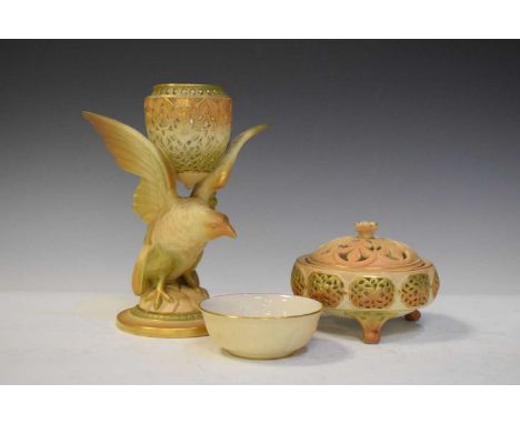 Royal Worcester - Three items of blush ivory reticulated ware, to include pot pourri bowl, printed marks, 19cm high and small