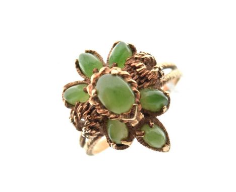 Jade cluster ring, unmarked yellow metal, size R approx, 5.2g gross approx
