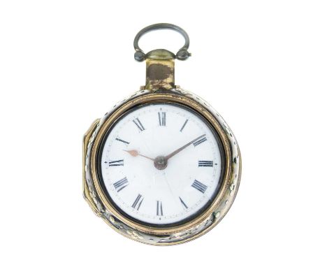 J. Clenton of London, a Georgian painted tortoiseshell pair cased watch, unsigned enamel dial, signed key wound fusee movemen