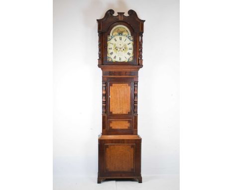 Victorian oak and mahogany-cased 8-day painted dial longcase clock, R. Roberts of Bangor, signed 14-inch break-arched Roman d