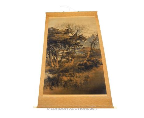 A modern Chinese wall hanging textile scroll depicting a landscape scene, sight size 151cm 58cm