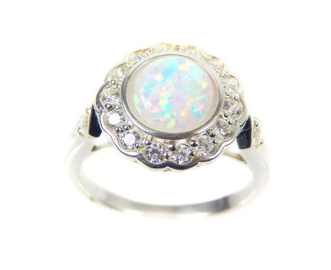 A silver CZ and opalite cocktail ring; size P/Q.