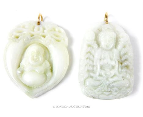 Two hand-carved white jade pendants with 18 ct yellow gold pendant loops, one depicting a seated Buddha within a cartouche (5