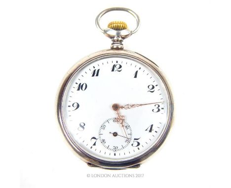 A PWC silver pocket watch with a white enamel dial and black Arabic numerals with ornate gilt metal hands, 1915. 