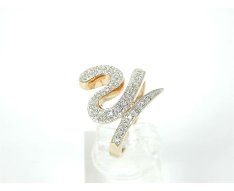 9 ct yellow gold snake ring set with small, brilliant-cut diamonds in mille grain settings, composed of a stylised, writhing,