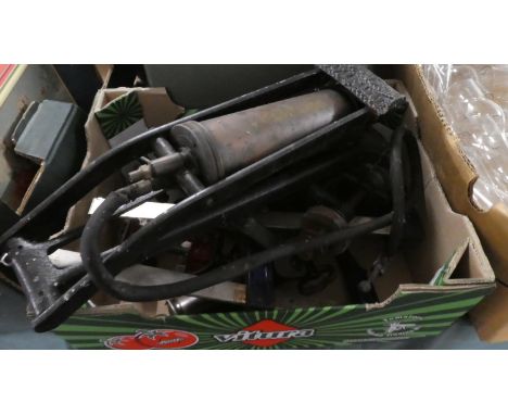 A Box of Vintage Tools to Include Dunlop Foot Pump, G Clamps, Grease Guns etc 