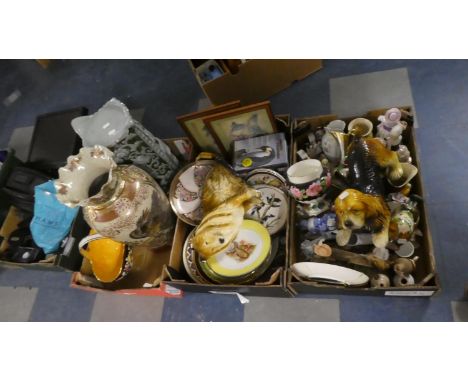 Three Boxes of Figural and Animal Ornaments, Decorated Plates, Vases, Basket and Stand 