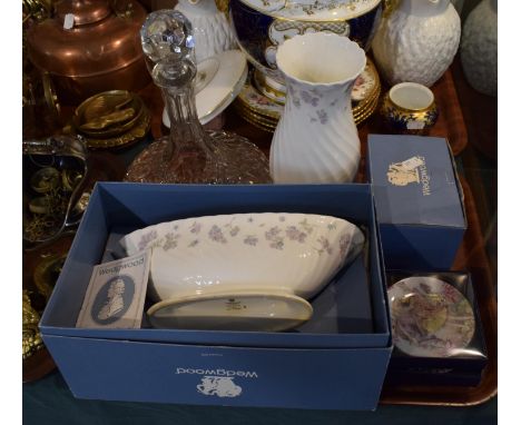 A Tray Containing Wedgwood April Flowers, Royal Worcester Flower Fairies and a Ships Decanter 