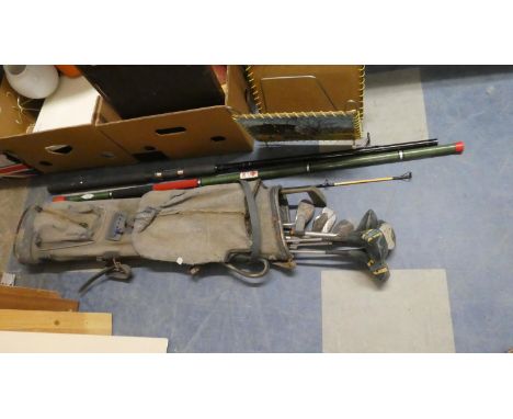 A Canvas Golf Bag and Set of Vintage Golf Clubs Together with Fishing Rod and Fishing Pole 