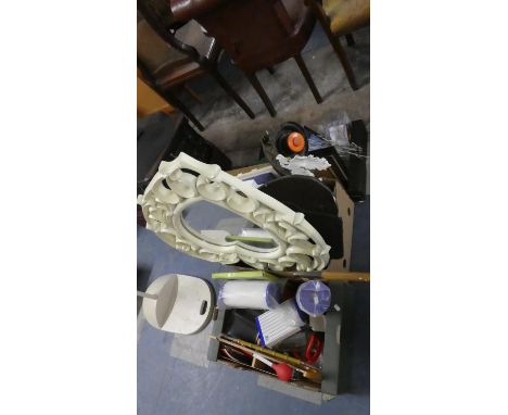Three Boxes of Sundries to Include Car Mats, Oval Vintage Wall Mirror, Heart Shaped Mirror, Kitchen Tools, Ornaments etc 
