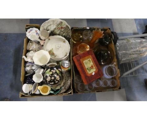 Two Boxes of Ceramics and Glassware to Include Budgerigar Vase, Sporting Plates, Floral Tea wares Carnival Glass Etc 