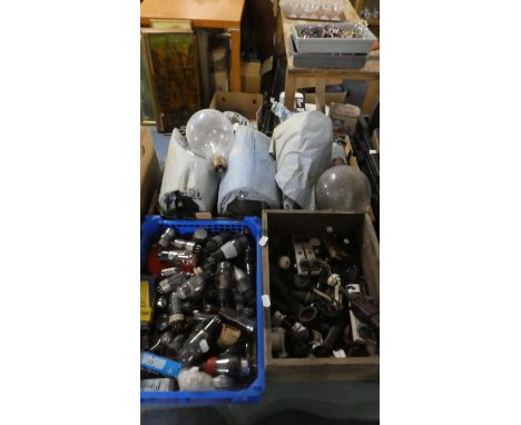 A Box Containing Six 1000w Large Industrial Light Bulbs, Box of Values and Box of Electrical Fittings 