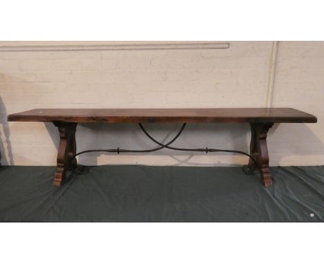 A Long Mid 20th Century Bench with Wrought Iron Stretcher, 180cm Long (Wood Worm) 