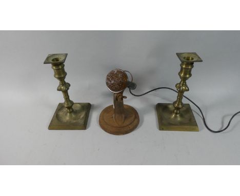 A Pair of Brass Table Lamps in the Form of Candle Sticks Together with a Vintage Iron Microphone Stand 