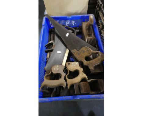 A Box of Carpenters Hand Tools to Include Saws, Hammers, Planes etc 