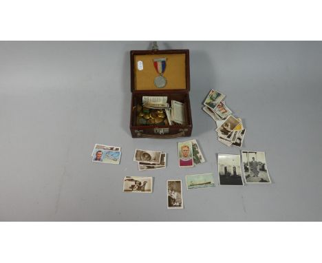 A Miniature Vintage Case Containing Military Buttons and Badges, Cigarette Cards, Coins and Medallions etc 