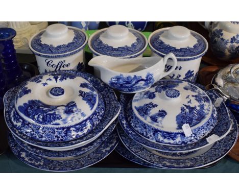 A Tray of Blue and White to Include Lidded Tureens, Storage Jars, Plates etc 