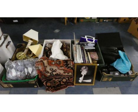 Four Boxes Containing Vintage Cameras and Camcorders, Box of Princess Diana Books and Ephemera, Table Lamps, Staffordshire Do