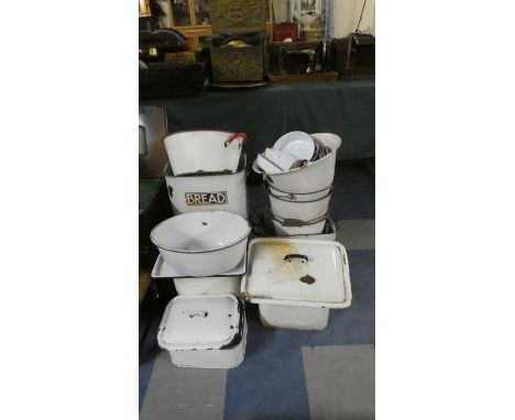 A Large Quantity of Vintage White Enamelled Wares to Include Bread Bins, Bowls, Trays, Buckets etc 