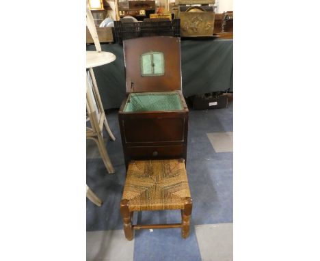 A Vintage Oak Sewing Box with Two Drawers to Base Together with a Square Stool 