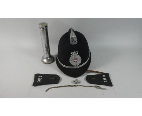 A Collection of Vintage West Mercia Constabulary Ephemera to Include Helmet, Epaulettes, Torch, Chain etc 